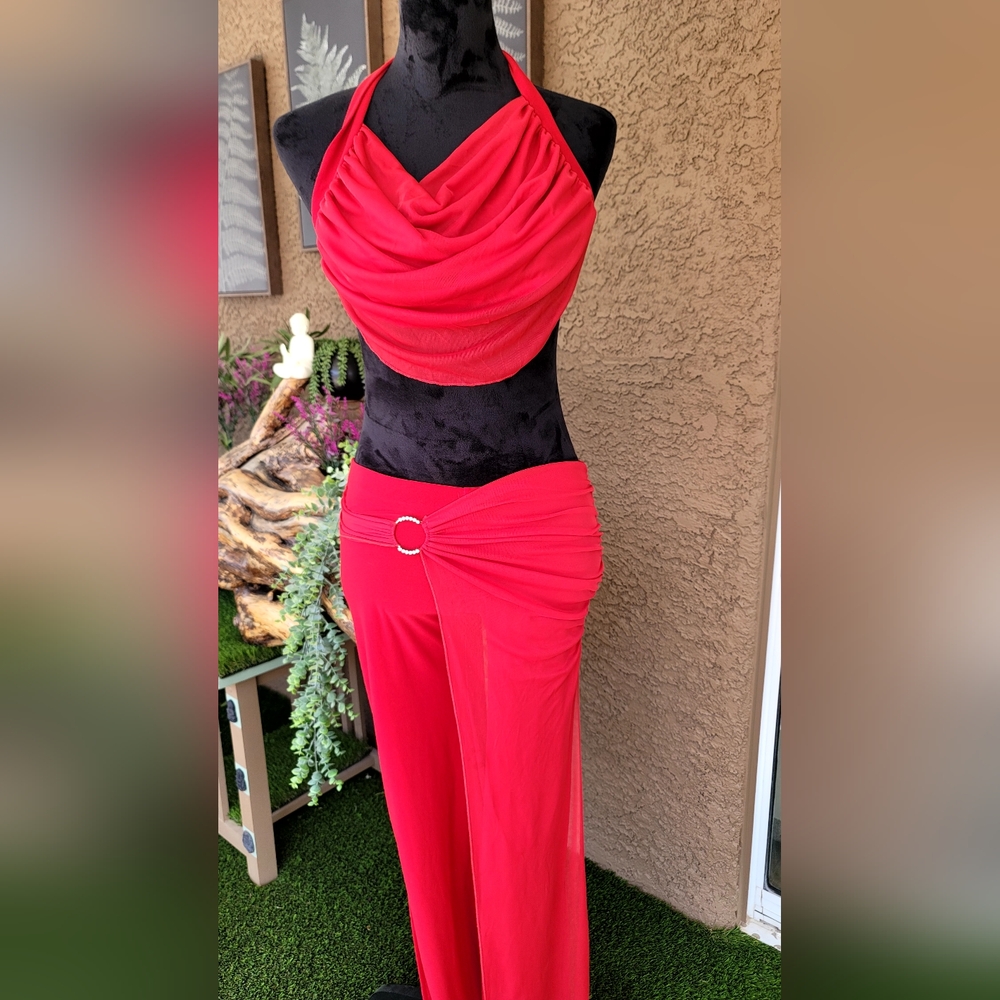 Vintage Y2K Red Halter Top & Sheer Overlay Pants Set - S